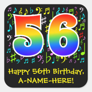 56e verjaardag: Kleurrijke muzieksymbolen, regenbo Vierkante Sticker