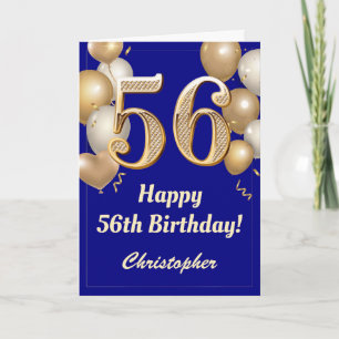 56e verjaardag Navy Blue en Gold Balloons Confetti Kaart