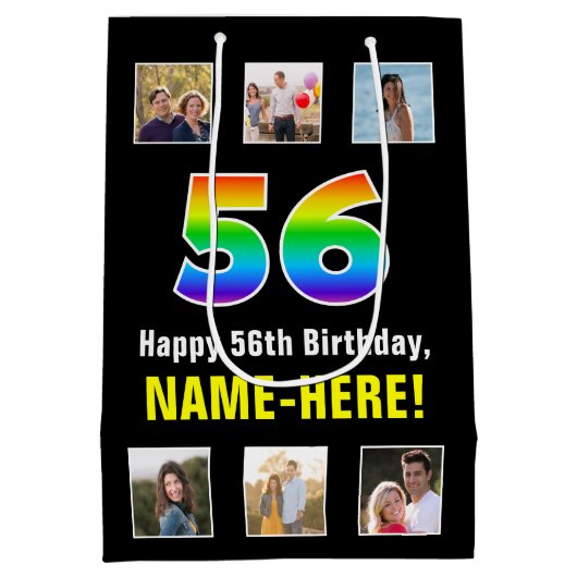 56e verjaardag: Regenboog "56", aangepaste foto's  Medium Cadeauzakje (Achterkant)