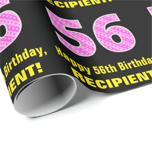 56e verjaardag: Roze strepen en hart "56" + naam Cadeaupapier (Rol Hoek)