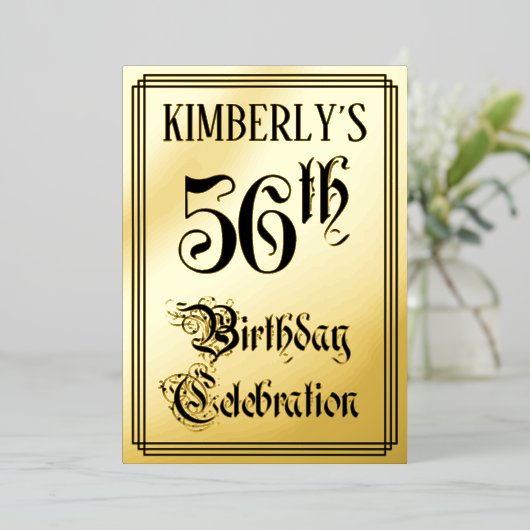 56th Birthday Party — Elegant Script + aangepaste Folie Uitnodiging (Staand Voorkant)