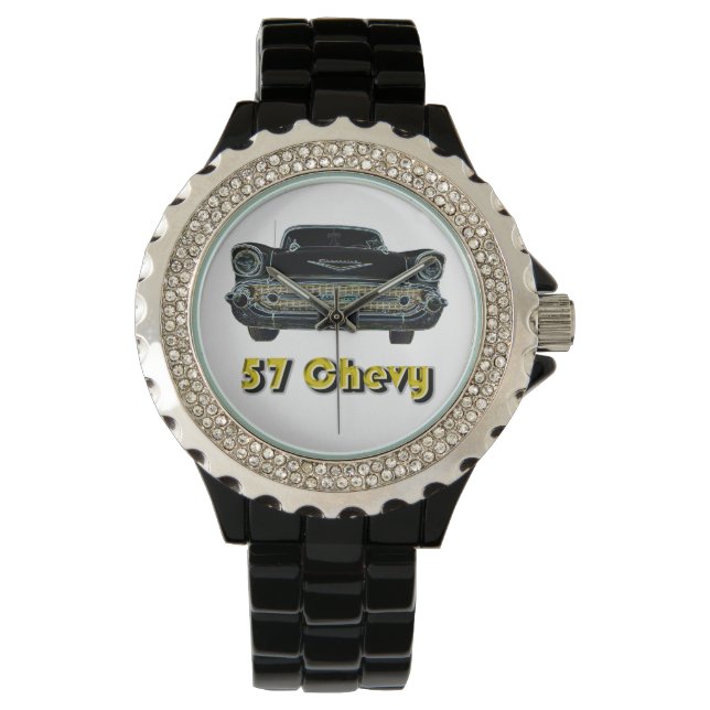 57 Chevy Rhinestone met zwart emaille horloge (Voorkant)
