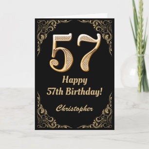 57e Birthday Black en Gold Glitter Lijst Kaart