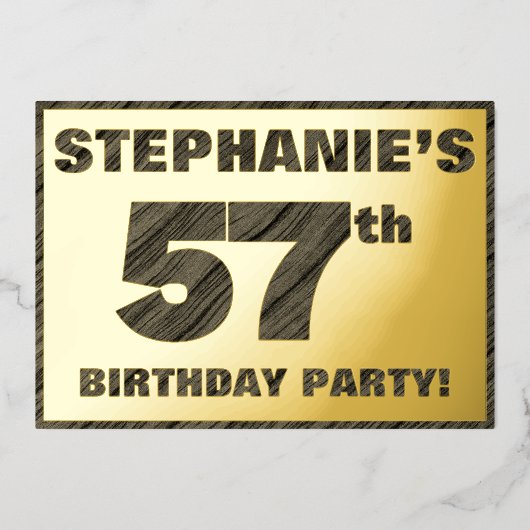 57e Birthday Party — Vette, Faux Hood Grain Text Folie Uitnodiging (Voorkant)