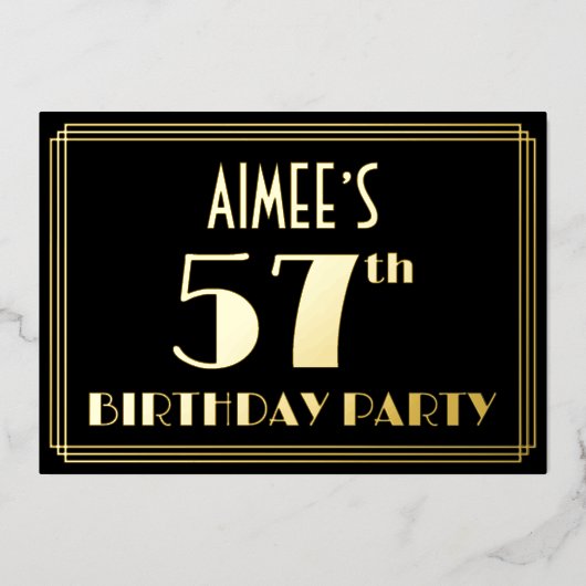 57e verjaardag: Art Deco Kijk "57", met naam Folie Uitnodiging (Voorkant)