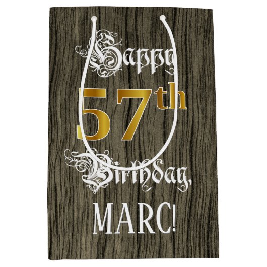 57e verjaardag: Faux Gold look & Faux Wood Pattern Medium Cadeauzakje (Voorkant)