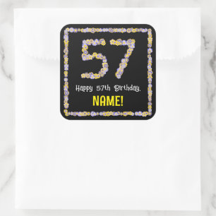 57e verjaardag: Floral Flowers Number, Custom Name Vierkante Sticker