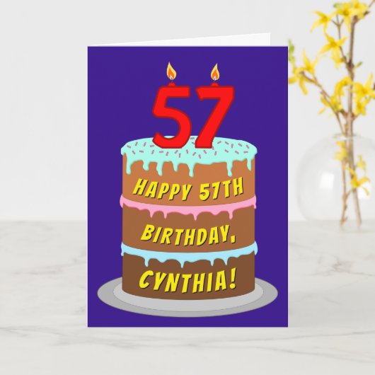 57e verjaardag: Fun Cake and Candles + Custom Name Kaart (Gele Bloem)