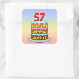 57e verjaardag: Fun Cake and Candles + Custom Name Vierkante Sticker
