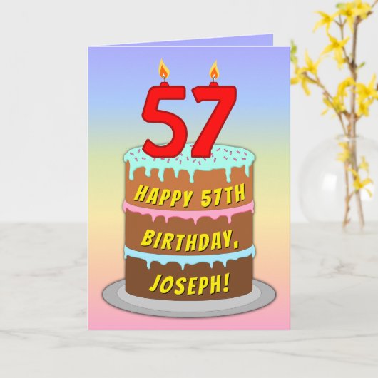 57e verjaardag — Fun Cake & Candles, w/ Eigen naam Kaart (Gele Bloem)