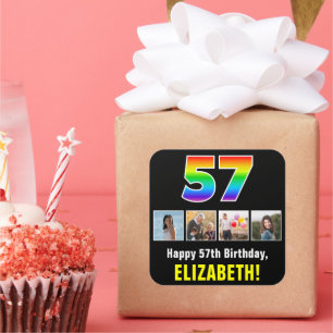 57e verjaardag: Regenboog "57"; Aangepaste foto's  Vierkante Sticker