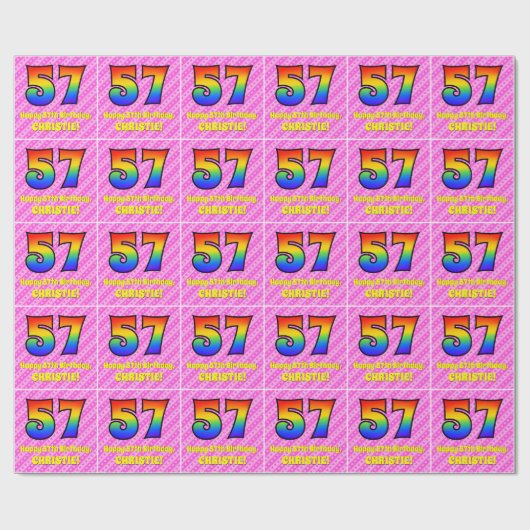 57e verjaardag: roze strips & harten, regenboognr. cadeaupapier (Vlak)