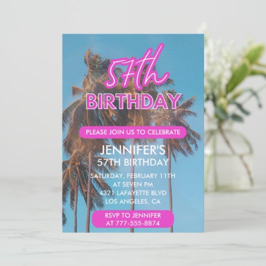 57e verjaardag uitnodiging Zomer Roze Palm boom (Staand voorkant)