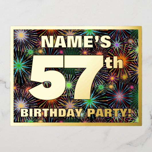 57e verjaardag: Vette, kleurrijke Fireworks-look Folie Uitnodiging Briefkaart (Voorkant)