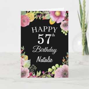 57e verjaardag waterverf bloem bloemen zwarte kaar kaart