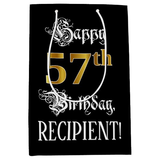 57th Birthday ~ Fancy Script; Faux Gold Look; Name Medium Cadeauzakje (Voorkant)