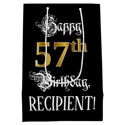 57th Birthday ~ Fancy Script; Faux Gold Look; Name Medium Cadeauzakje (Achterkant)