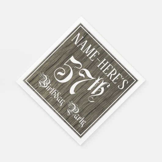57th Birthday Party — Fancy script, Faux Wood Kijk Servet (Hoek)