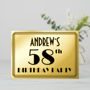 58e verjaardag — Art Deco look "58" + Naam Folie Uitnodiging