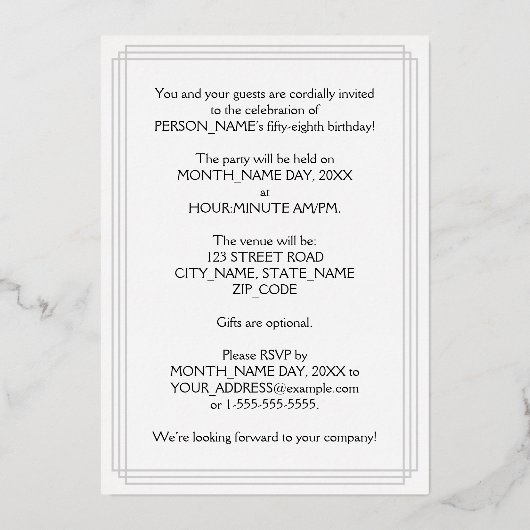 58e verjaardag — Fancy script en aangepaste naam Folie Uitnodiging (Achterkant)