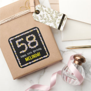 58e verjaardag: Floral Flowers Number, Custom Name Vierkante Sticker