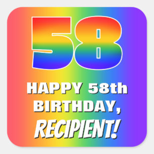 58e verjaardag: kleurrijk, vun regenboogpatroon #  vierkante sticker