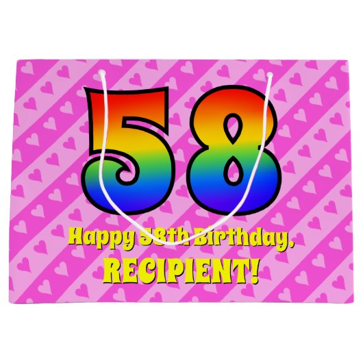 58e verjaardag: Roze strips & harten, regenboognr. Groot Cadeauzakje (Voorkant)