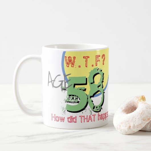 58ste verjaardag. Leeftijd 58. WTF? Hoe is dat geb Koffiemok (Met donut)