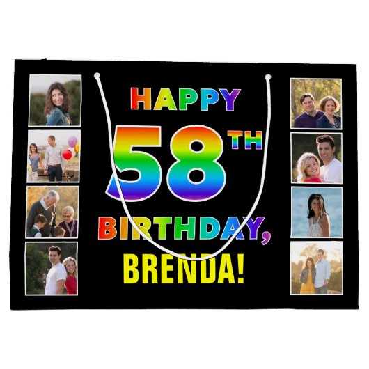 58ste verjaardag: Regenboogtekst, Aangepaste foto' Groot Cadeauzakje (Achterkant)