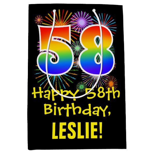 58ste verjaardag: vuurwerk patroon + regenboog 58 medium cadeauzakje (Voorkant)