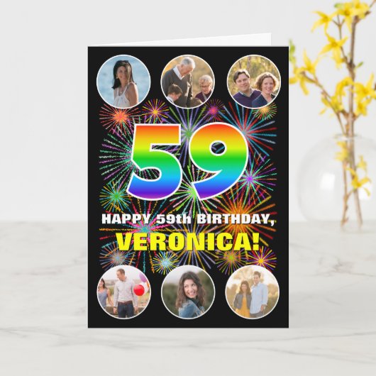 59e verjaardag: Leuke regenboog #, Aangepaste naam Kaart (Gele Bloem)
