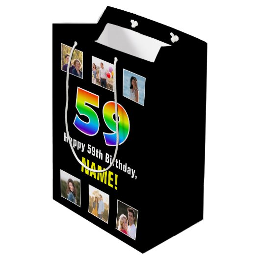 59e verjaardag: Regenboog "59", aangepaste foto's  Medium Cadeauzakje (Achterkant Gekanteld)