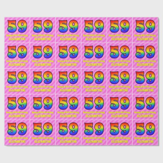 59e verjaardag: Roze strips & harten, regenboognr. Cadeaupapier (Vlak)