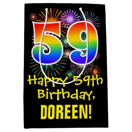 59e verjaardag: Vuurwerk Fun Pattern + Regenboog 5 Medium Cadeauzakje (Voorkant)