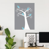 5 blauwe vogels in een boom (grijze achtergrond) a poster (Thuiskantoor)