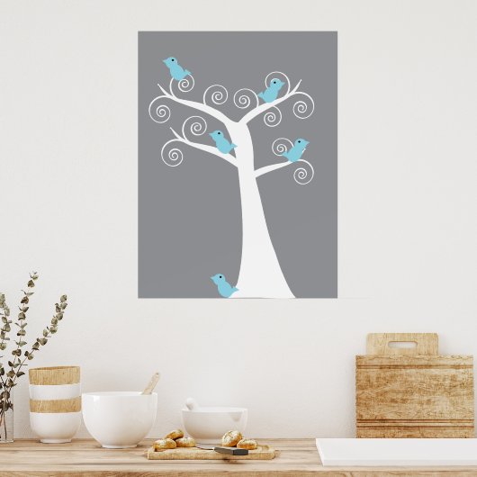 5 blauwe vogels in een boom (grijze achtergrond) a poster (Keuken)