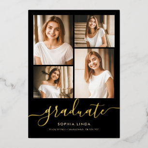 5 Foto Afstudeer Collage Elegant Zwart & Goud Folie Uitnodiging