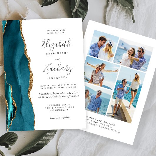 5-foto Blauwgroen Blue Gold Agaat bruiloft Kaart