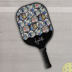 5 Foto Collage - funky hexagon patroon - naam Pickleball Paddle