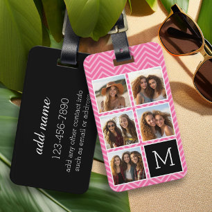 5 Foto Collage Monogram - Zwart en Heet Roze Bagagelabel