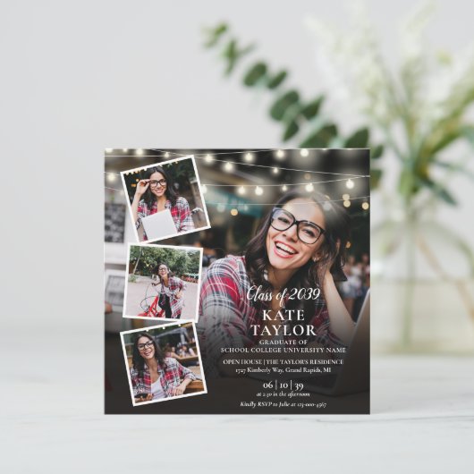 5 Foto Collage Slingerlichten Afstudeerfeest Kaart (Staand voorkant)