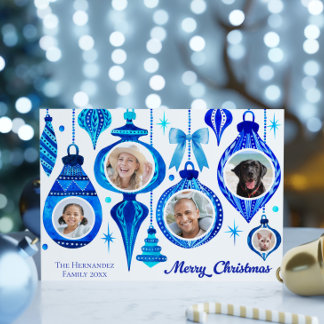5 Foto Kerstballen Blauwe Waterverf Familie Feestdagenkaart