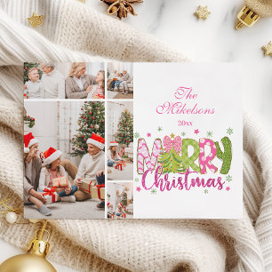 5 Foto Roze Groene Boog Boom Vrolijk Kerstfeest Feestdagenkaart