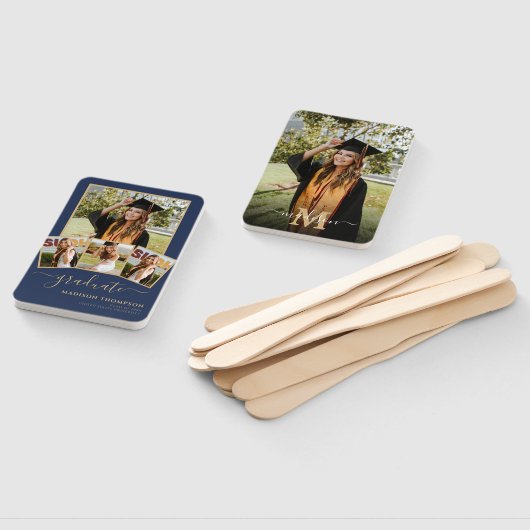 5 Foto Simple Afstuderen Navy Blue en Gold Handwaaier (Niet-gemonteerd)