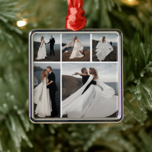 5 Fotocollage Onze eerste kerst bruiloft paar Metalen Ornament
