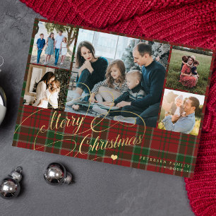 5 foto's Merry Kerstelegant script red plaid Feestdagenkaart