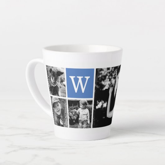 5-Fotosjabloon blauw monogram Latte Mok (Linkerhoek)