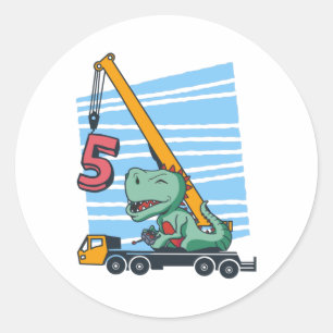 5 jaar 5th Birthday Mobile Crane Dinosaur Ronde Sticker