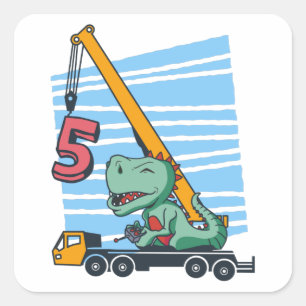 5 jaar 5th Birthday Mobile Crane Dinosaur Vierkante Sticker