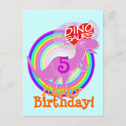 5 jaar Paarse T-Rex Dino Briefkaart (Voorkant)
